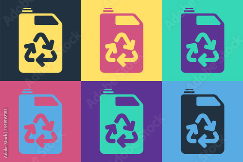 Pop art Eco fuel canister icon isolated on color background. Eco bio and barrel. Green environment and recycle. Vector