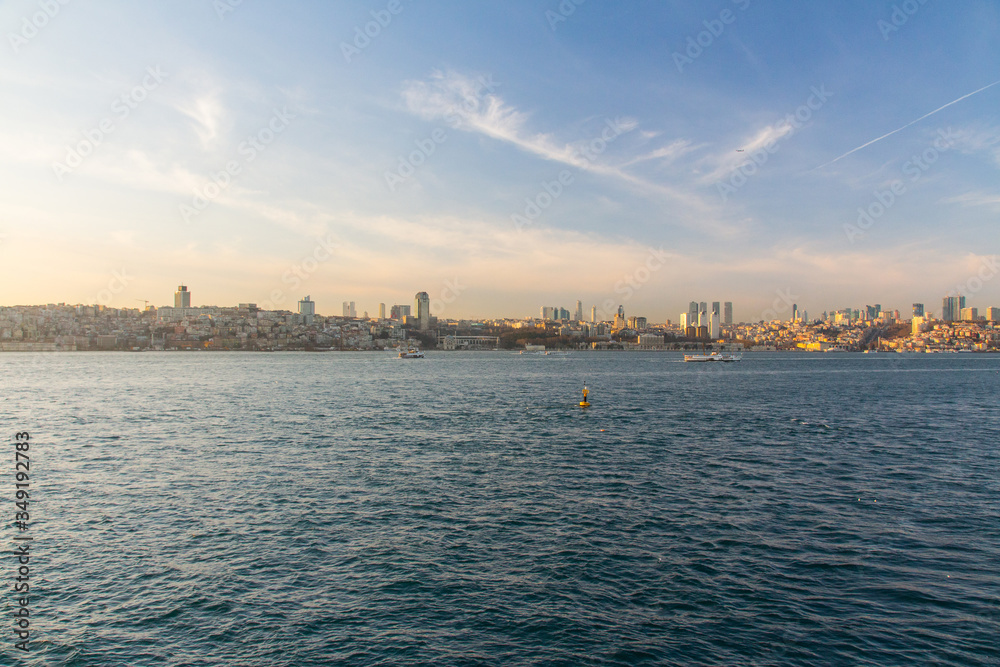 View of the Taksim district of Istanbul from the Bosphorus at sunset. Turkey