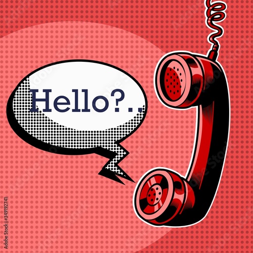 Hanging phone handset with Hello speech bubble. Pop art vector retro illustration.