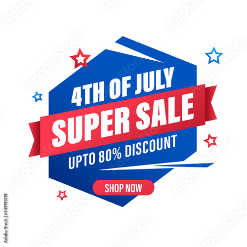 Super Sale Ribbon, Poster Design with 80% Discount Offer for 4th Of July.