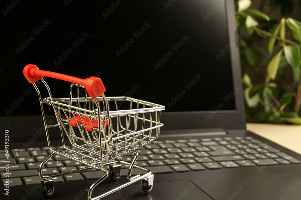 shopping basket on laptop with plants on background. copy space. shopping concept
