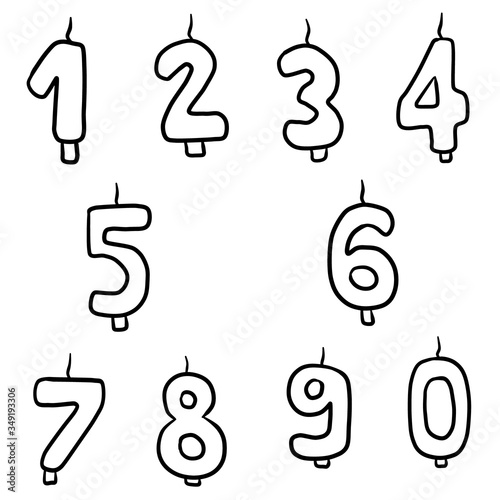 Set of candles in shape of numbers isolated on white background. Simple doodle vector illusatration in cartoon outline style. Decoration for birthday cake, happy new year, anniversary, celebrating.