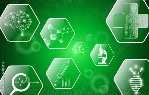 abstract background technology concept in green light,human body heal,technology modern medical science in future and global international medical with tests analysis clone DNA human