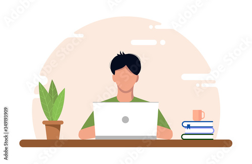 Work at home concept, coworking space flat illustration. A young freelancer guy working at a desk on a laptop during Covid-19 quarantine. Design for the site. Vector stock flat style self employed.