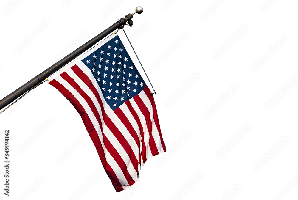 Naklejka premium American flag hanging on a flagpole, USA flag isolated on white background, high resolution picture
