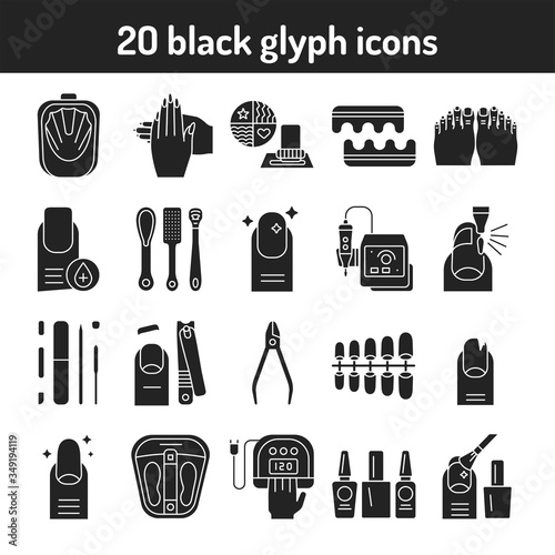 Manicure and pedicure procedures black glyph icons set. Nails service. Beauty industry. Pictograms for web page, promo. UI UX GUI design elements