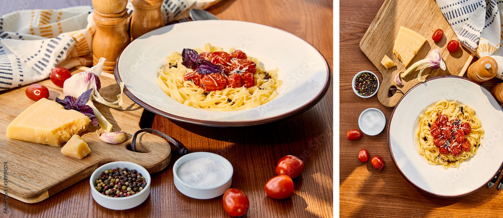 collage of delicious pasta with tomatoes served on wooden table with napkin, seasoning and ingredients in sunlight