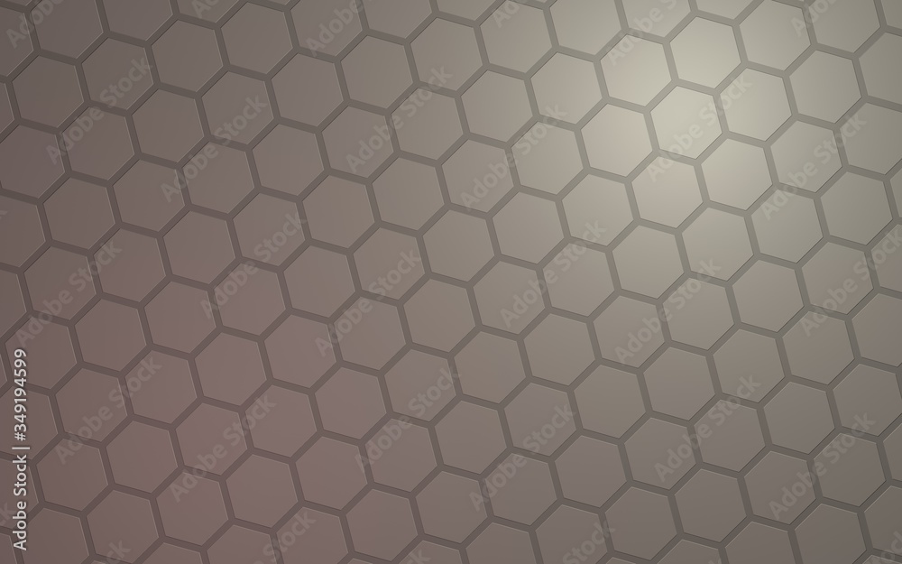 Fototapeta premium Honeycomb with color lighting, on a gray background. Perspective view on polygon look like honeycomb. Isometric geometry. 3D illustration