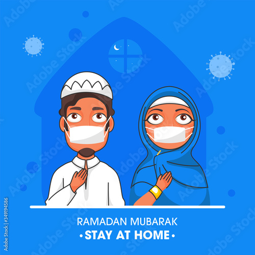 Muslim Couple wearing Mask with Given Advising Stay At Home on Ramadan Mubarak Festival.