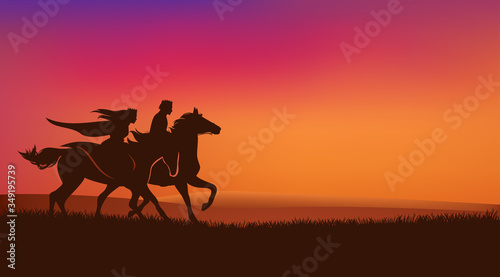 fairy tale prince and princess riding horses over romantic sunset field - royal couple silhouette vector scene