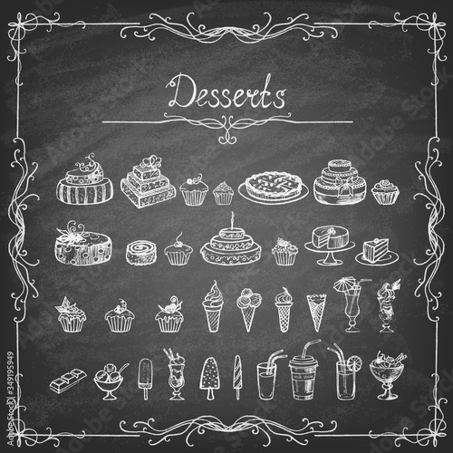 Vintage collection of desserts. Sketches of desserts hand-drawn with chalks on the blackboard. Vector illustration.