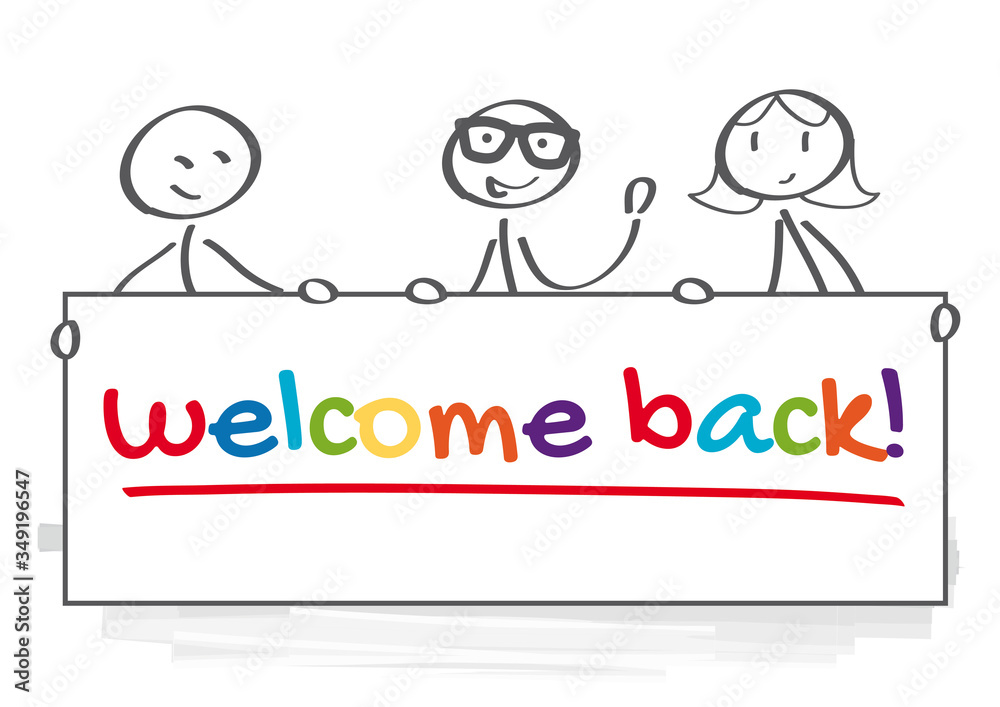 Three people holding banner with the inscription - welcome back - isolated on transparent background Three people holding banner with the inscription - welcome back - isolated on transparent background