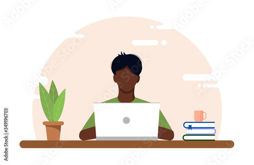 Work at home concept, coworking space flat illustration. Masked young guy an European african freelancer working at a table on a laptop during Covid-19 quarantine. Vector flat style self employed.