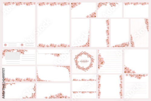Set cover and pages design with cherry blossom pattern.Design for poster, card, invitation, placard, brochure, flyer. Vector.