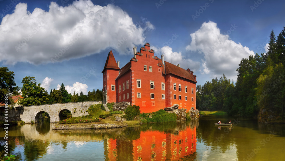 Scenic castle on the lake panorama view 