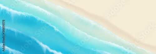 Top view on sea sandy beach. Realistic aerial view on foamy sea waves splashing on sandy coast. Vector illustration with cascade of ocean waves.