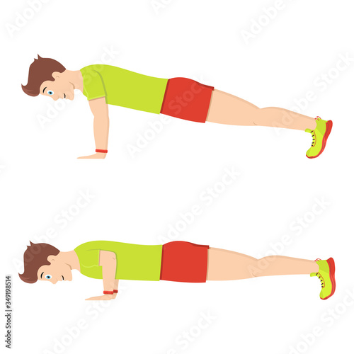 Push ups. Young handsome guy doing strength exercise for pectoral muscles.