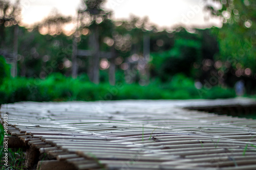 A wooden bridge in the park with a blurred background