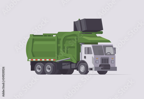 Vector green garbage truck. Front loader. Garbage loading. Isolated illustration
