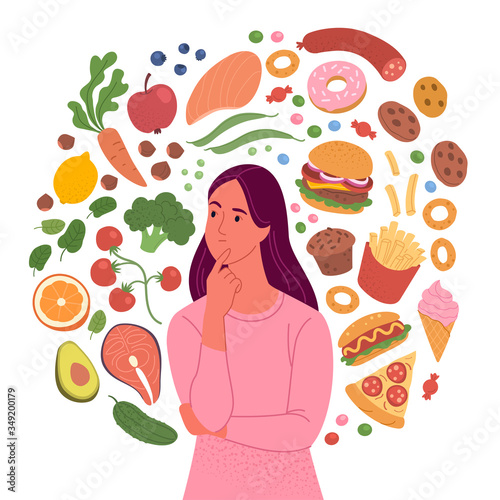 Healthy and unhealthy food. Vector illustration of young woman surrounded by fruits and vegetables by one side and fast-food and sweets - by another side. Isolated on white.