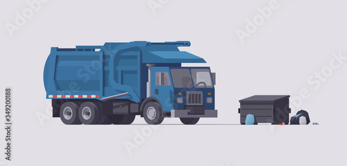 Vector blue garbage truck. Front loader. Garbage loading. Isolated illustration