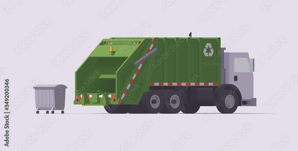 Vector green garbage truck. Rear loader. Garbage loading. Back view
