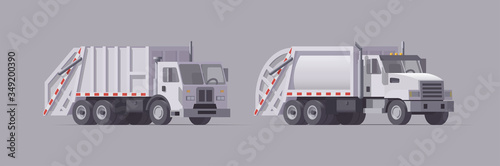 Vector white garbage truck set. Rear loader. Isolated illustration