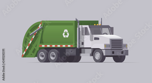 Vector green garbage truck. Rear loader. Isolated illustration