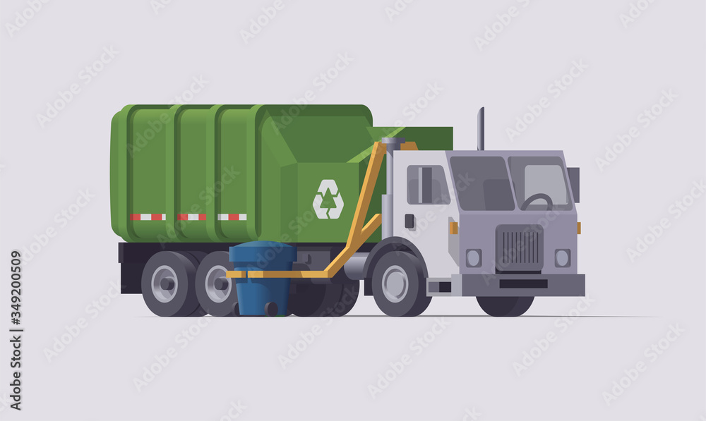 Vector green garbage truck. Side loader. Garbage loading. Isolated