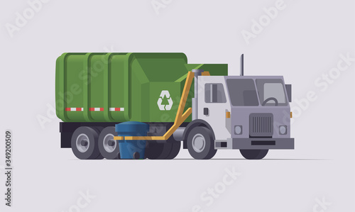 Vector green garbage truck. Side loader. Garbage loading. Isolated illustration