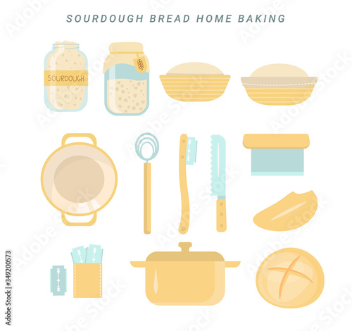 Homemade sourdough bread kit. Sourdough starter culture in mason jar. Muslin cloth. Dough scraper. Danish whisk. Proofing basket. Bench knife. Bread Lame. Dutch oven. Fresh baked loaf. Vector cartoon.