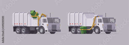 Vector white garbage truck set. Side loader. Garbage loading. Isolated illustration