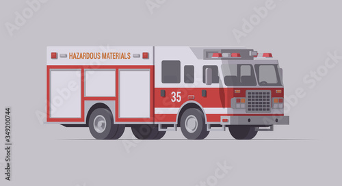 Vector red fire truck. Hazmat rescue fire engine. Isolated illustration