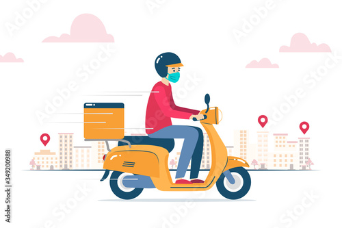 Vector illustration of a delivery man, with face mask, delivering an order on a motorcycle