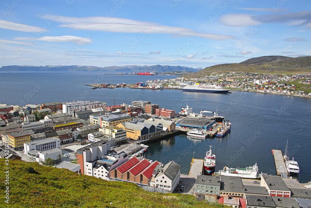 Town of Hammerfest with the downtown area, port, cruise ships & mountains in the background, Troms og Finnmark county, Norway.
