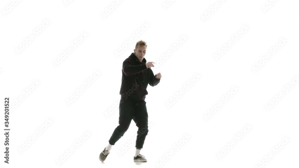 young handsome guy in black tracksuit vigorously dancing hip hop, freestyle, street dance, performs complex movements, isolated, slow motion young handsome guy in black tracksuit vigorously dancing hip hop, freestyle, street dance, performs complex movements, isolated, slow motion