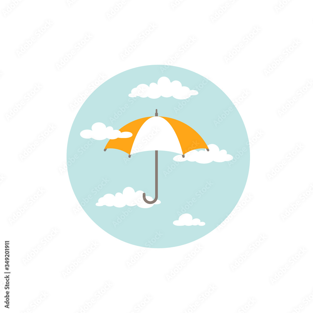 open umbrella with sky and clouds in circle. Flat icon isolated on white. Flat design.