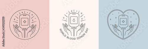 Blood donation vector logo in minimal linear style, illustration isolated on white background