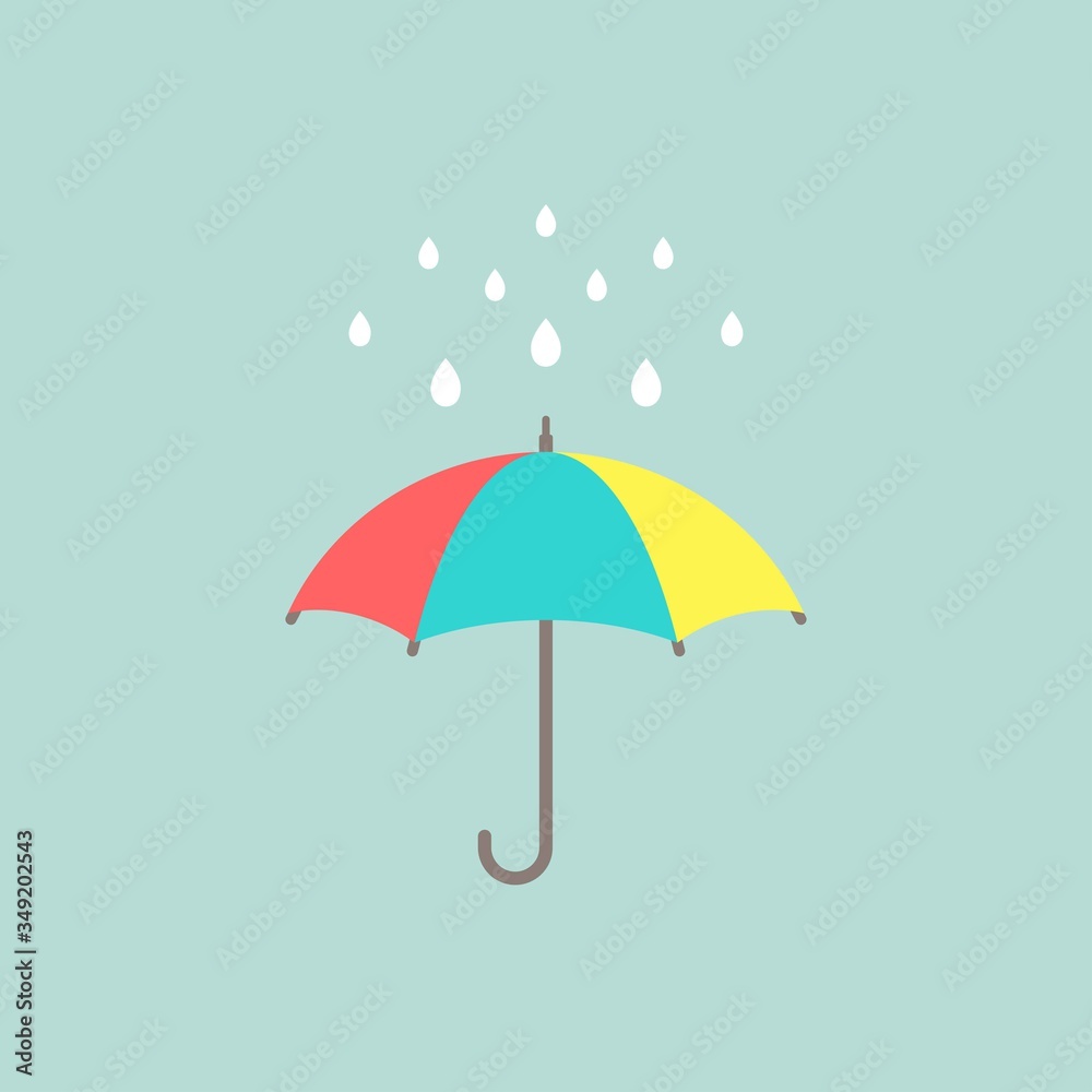 Open colorful funny umbrella with rain drops. Flat icon isolated on white. Flat design.