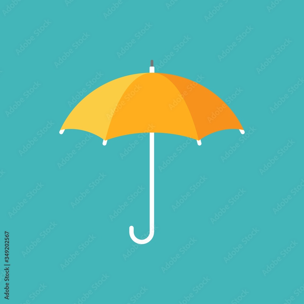 Golden yellow open umbrella. Flat icon isolated on blue. Flat design.