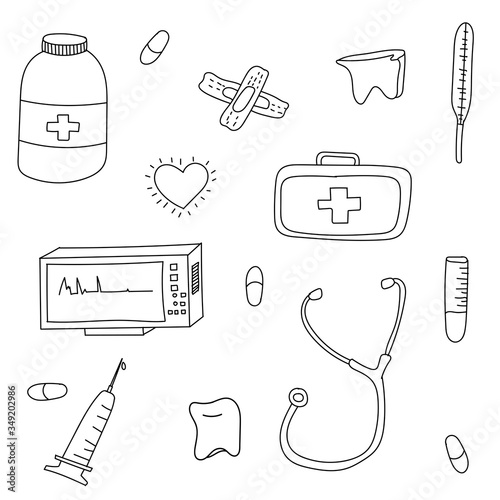Hand drawn illustration set vector line art object doodle cartoon medical