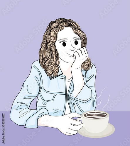 Women happily drink coffee in the shop during the holidays.Doodle art concept,illustration painting
