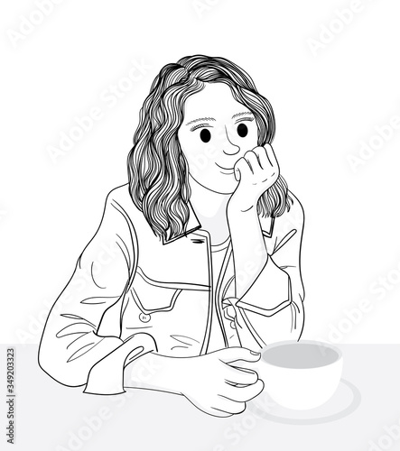 A woman drinks coffee in a shop building.She feels relaxed and listens to the music played in the room.