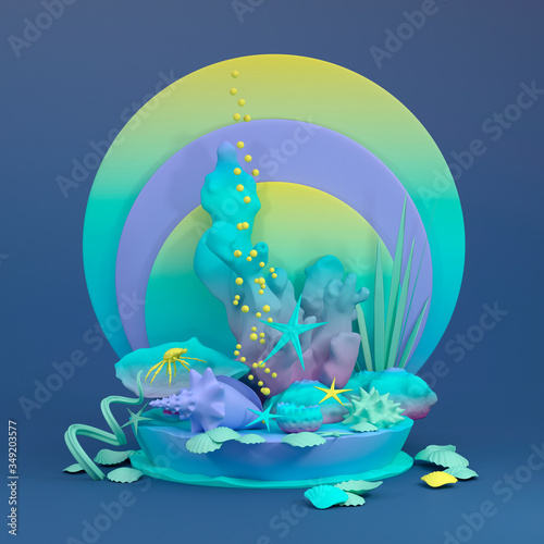 Beautiful colorful cartoon composition of marine life: starfish, corals, shells, seaweed, crabs. Marine decor. 3D illustration

