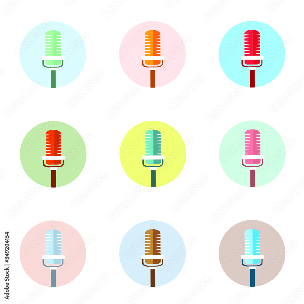 Podcast icon set. Colored studio table microphone with sound broadcast waves symbols. Webcast audio record concept logo. Flat vector icon. Podcast icon set. Colored studio table microphone with sound broadcast waves symbols. Webcast audio record concept logo. Flat vector icon.