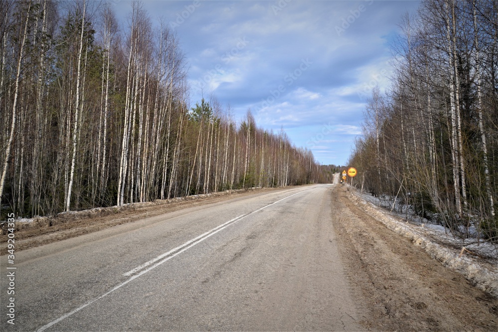 Fototapeta premium A long road to the clouds, shrouded in forest