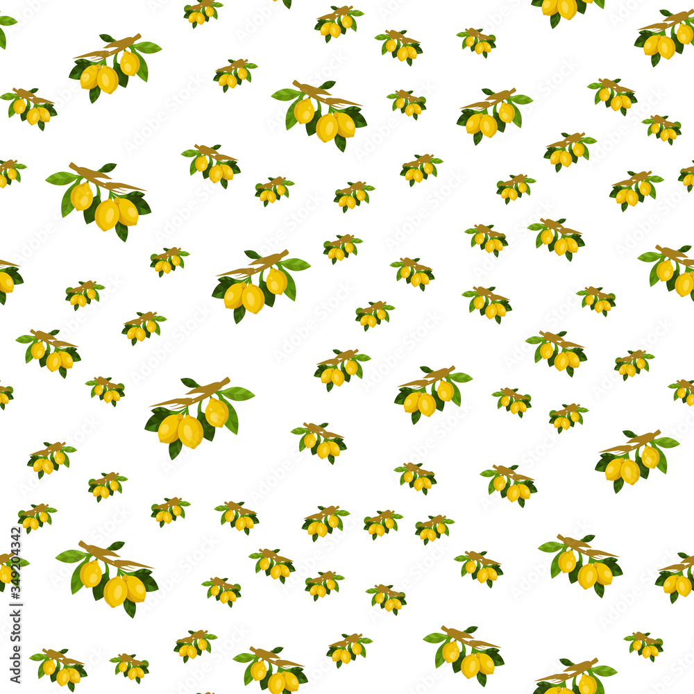 Seamless pattern, lemon with green leaves on a branch on a white background.