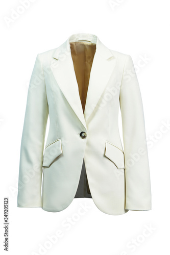 Elegant women's jacket made of thick white fabric, isolated on a white background on a Ghost mannequin. © KPad