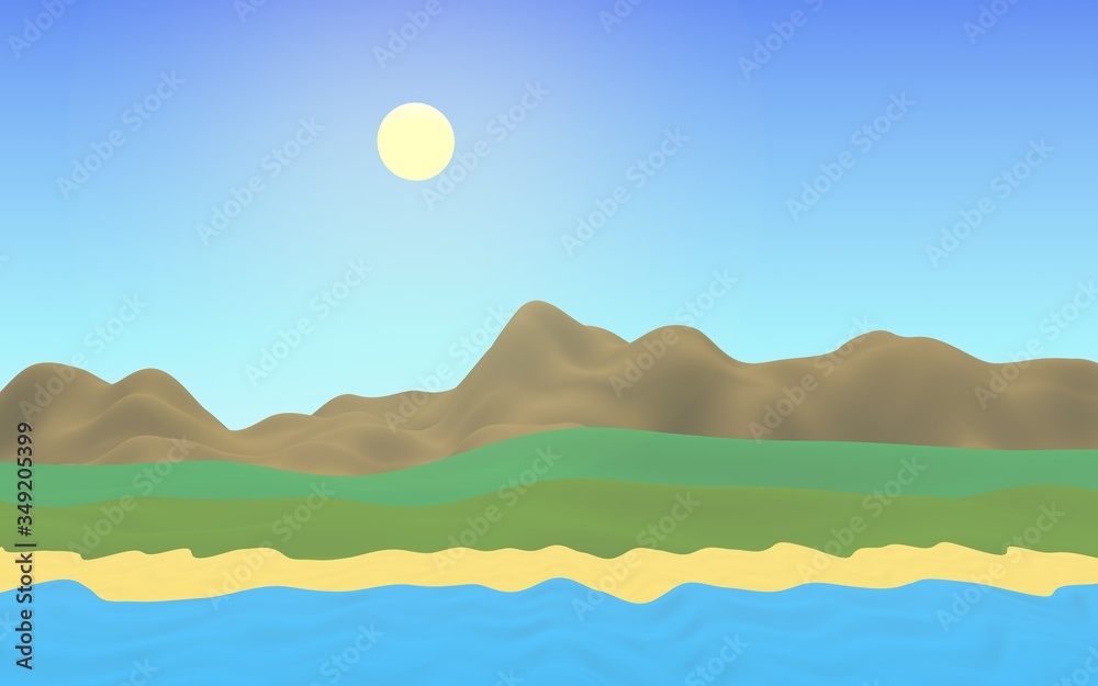 Sun Sea Beach. Noon. Ocean shore line with waves on a beach. Island beach paradise with waves. Vacation, summer, relaxation. Seascape, seashore. Minimalist landscape, primitivism. 3D illustration