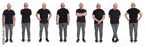 large group of same man with sportswear on front and back view on white background